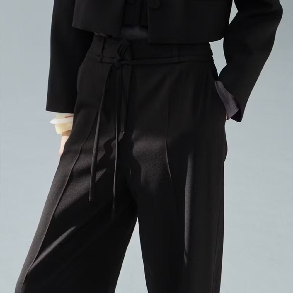 NWT Mango Tie Waist Classic Black WideDrawstring Trousers Pants straight leg